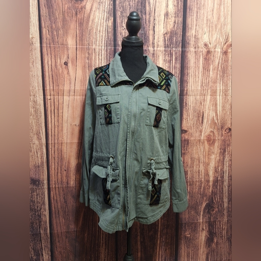 Modcloth Olive Embroidered Womens Utility Jacket Size Medium!